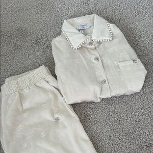 Chanel Logo-Embossed Pearl-Trim Pajama Set XS-S